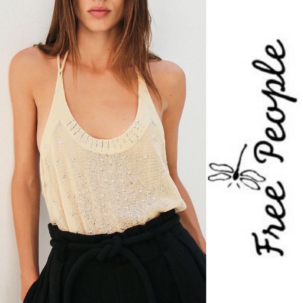 NEW FREE PEOPLE Ivory Time To Shine Beaded Knit Tank Top Sz Large NWT
